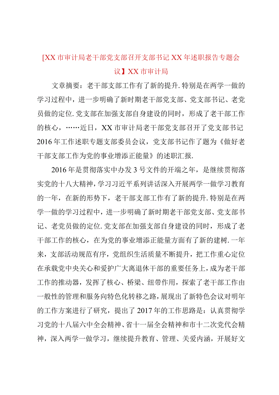 精品公文XX市审计局老干部党支部召开支部书记某年述职报告专题会议XX市审计局整理版.docx_第1页