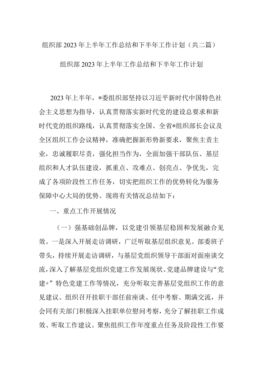 组织部2023年上半年工作总结和下半年工作计划共二篇.docx_第1页