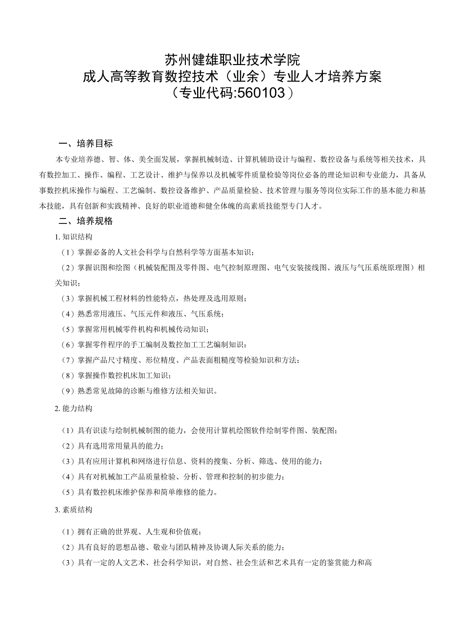 苏州健雄职业技术学院成人高等教育数控技术业余专业人才培养方案.docx_第1页