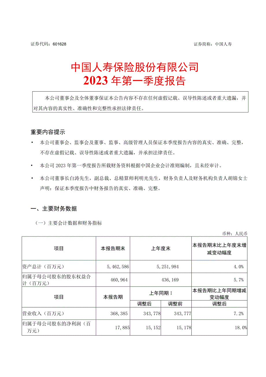 行业报告中国人寿2023年第一季度报告_市场营销策划_重点报告20230502_doc.docx_第1页