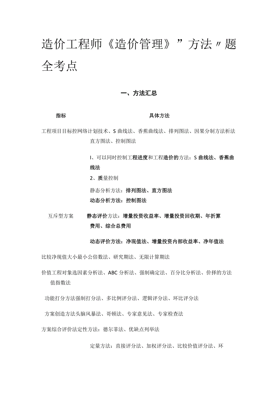 造价工程师《造价管理》方法题全考点.docx_第1页