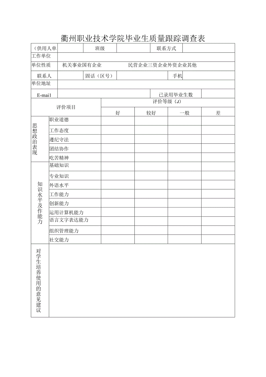 衢州职业技术学院毕业生质量跟踪调查表.docx_第1页