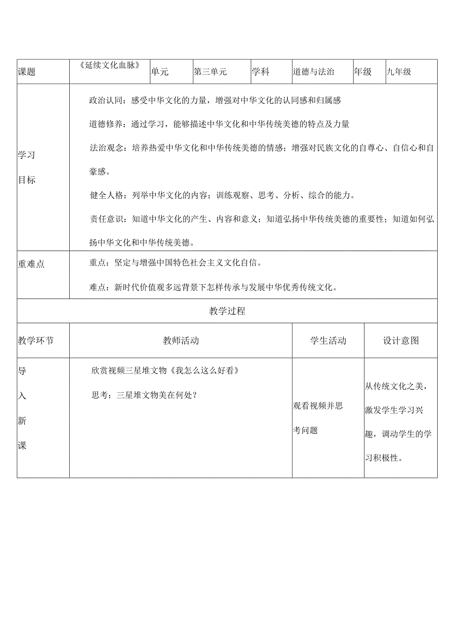 道德与法治人教版九年级上册2018年新编51 延续文化血脉教学设计.docx_第1页