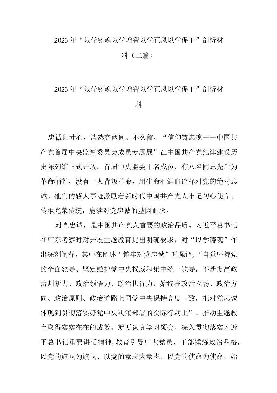 2023年以学铸魂 以学增智 以学正风 以学促干剖析材料二篇.docx_第1页