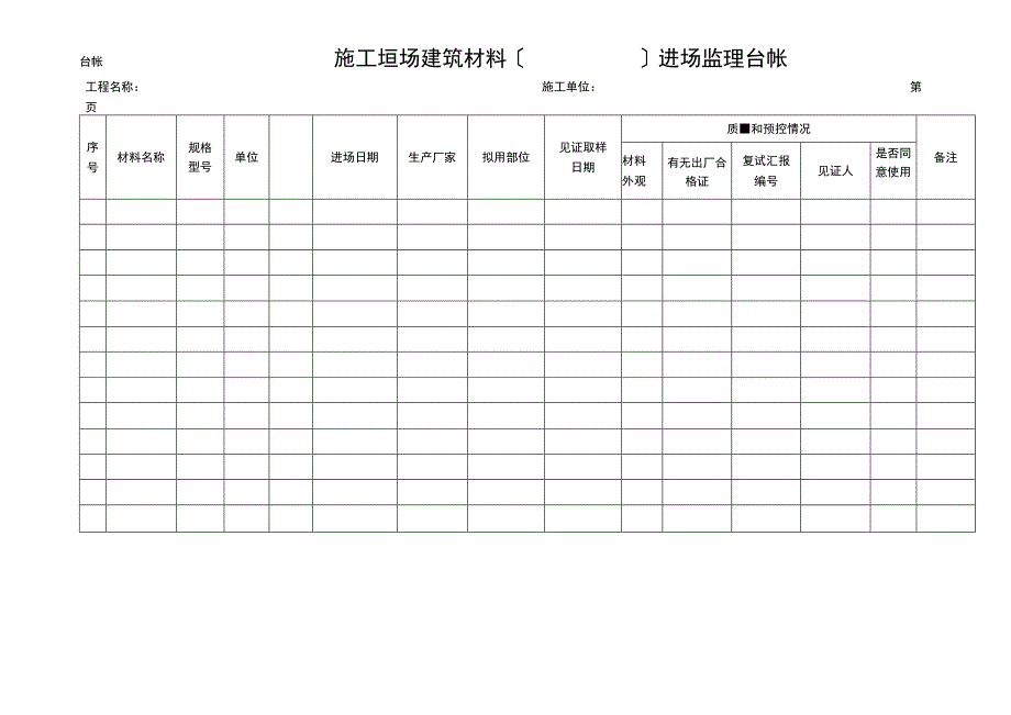 2023年台帐施工現场建筑材料进场监理台帐.docx_第1页