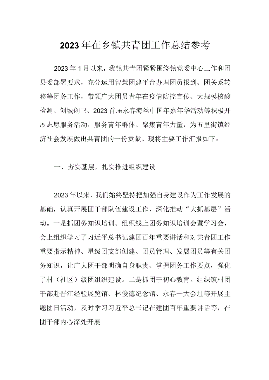 2023年在乡镇共青团工作总结参考.docx_第1页