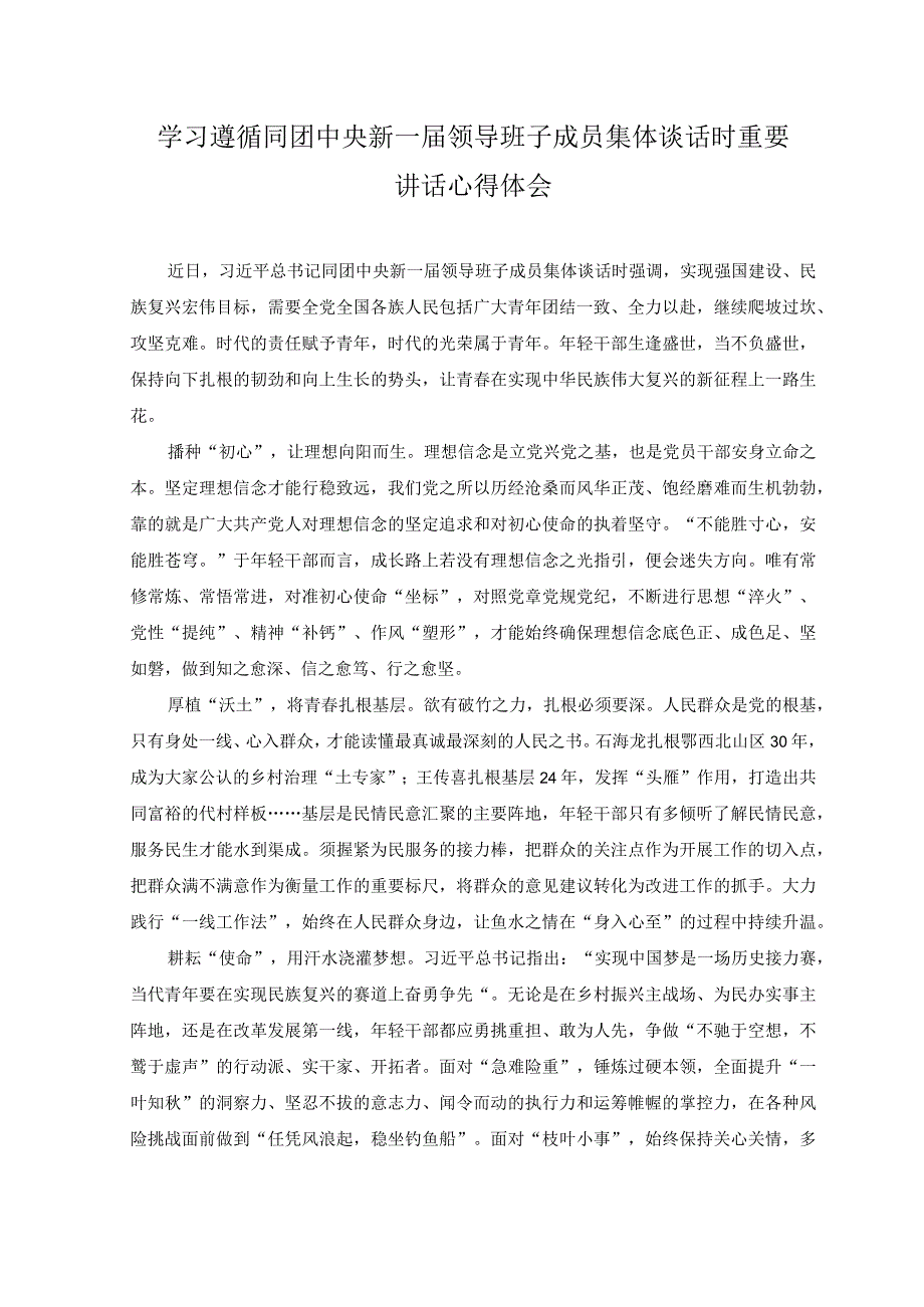 2023年学习同团中央新一届领导班子成员集体谈话时重要讲话心得体会.docx_第1页