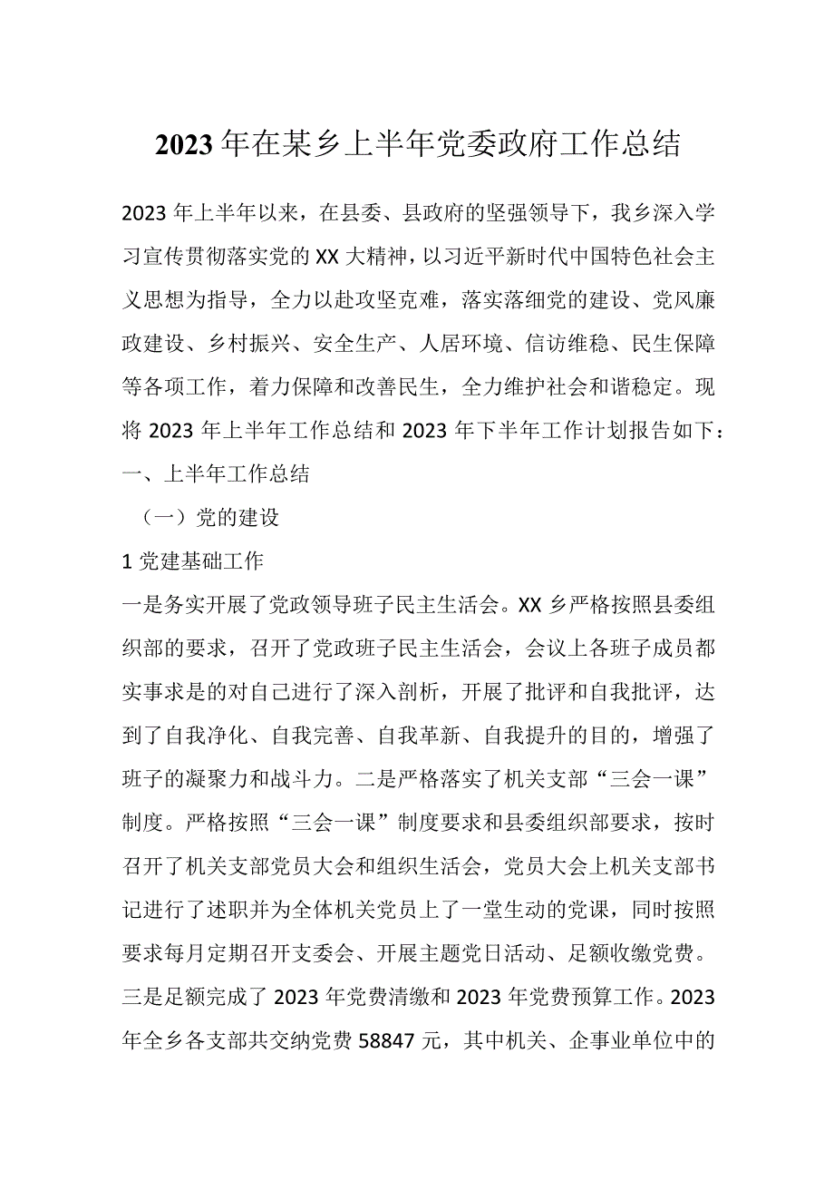 2023年在某乡上半年党委政府工作总结.docx_第1页