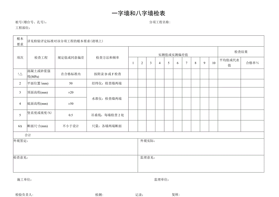 2023年一字墙和八字墙检表.docx_第1页