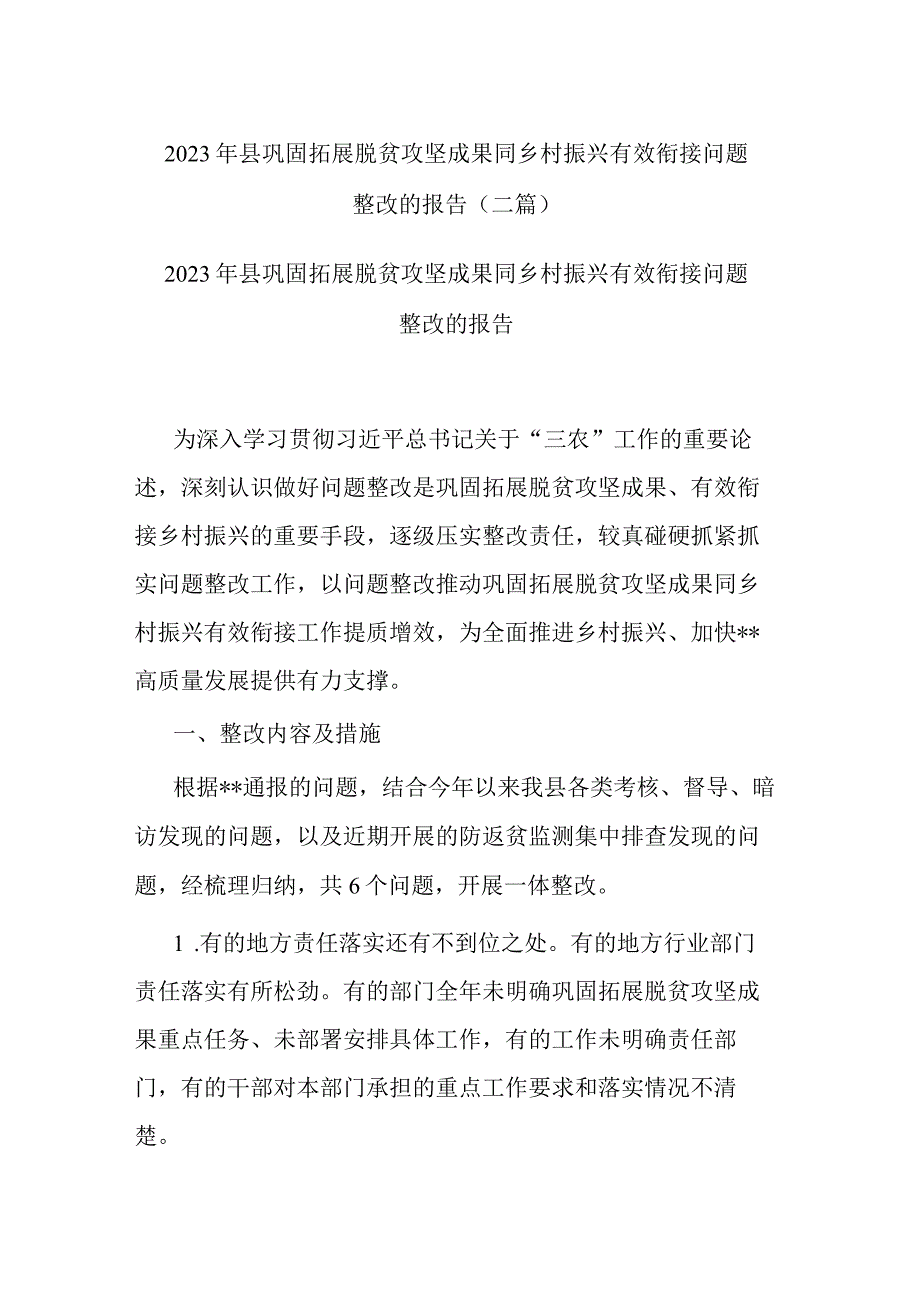 2023年县巩固拓展脱贫攻坚成果同乡村振兴有效衔接问题整改的报告二篇.docx_第1页