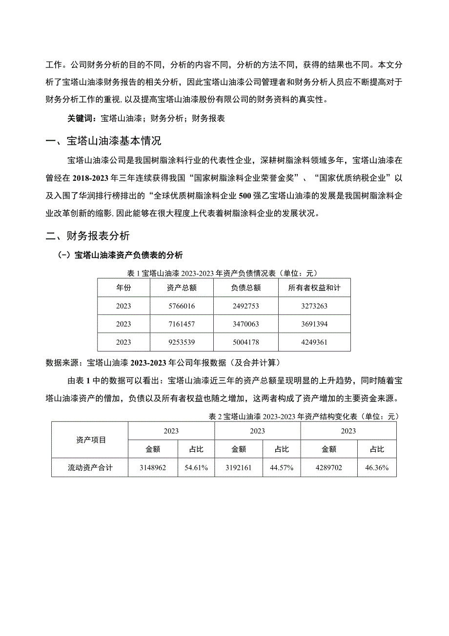 2023《基于近三年数据的上市公司财务分析报告—以宝塔山油漆为例》5300字.docx_第2页