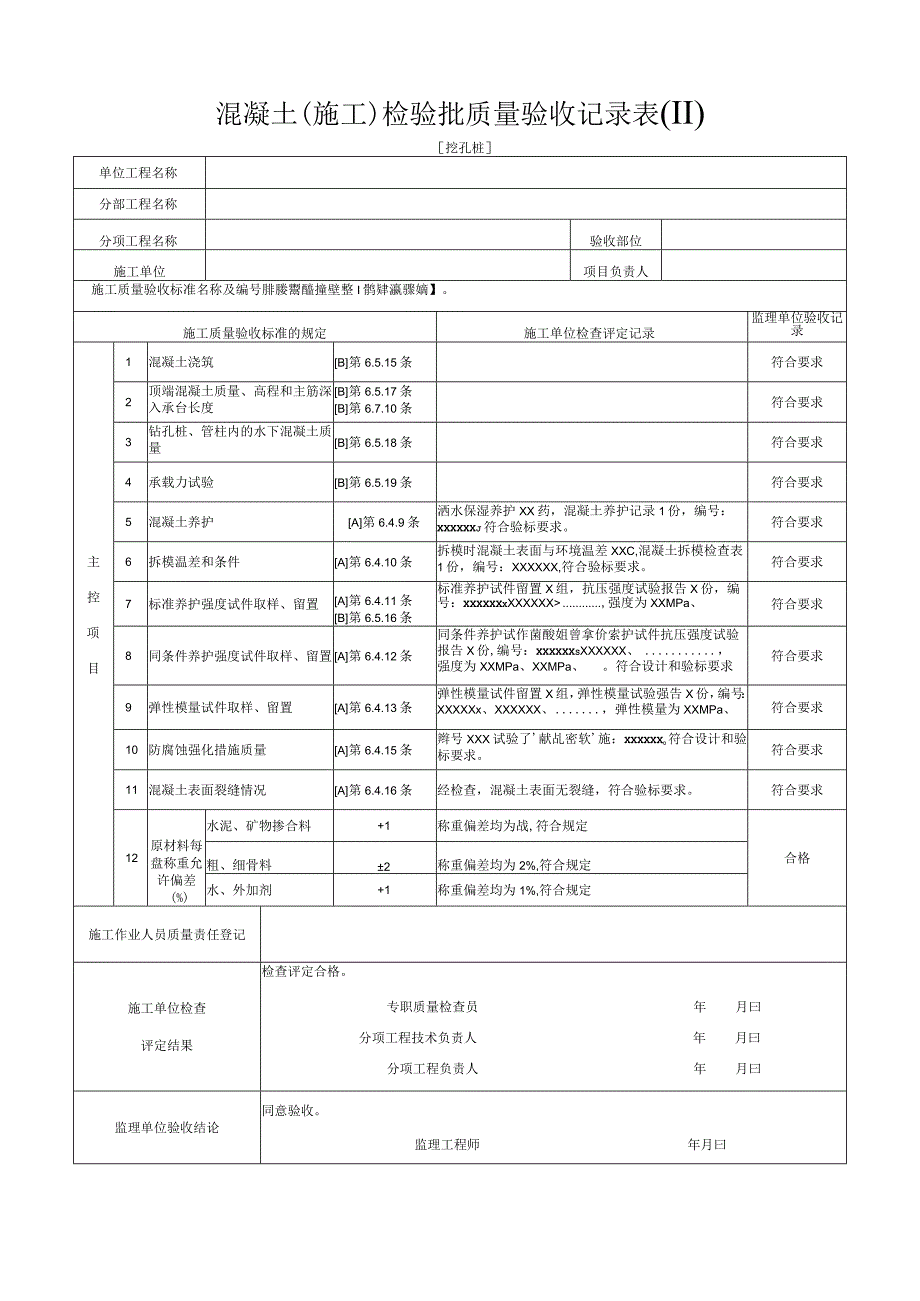 挖孔桩混凝土施工检验批质量验收记录表Ⅱ混凝土.docx_第1页