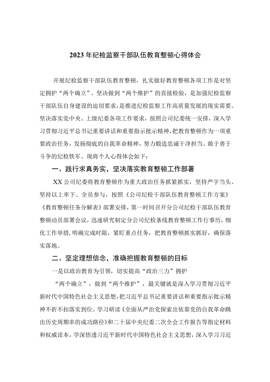 2023年纪检监察干部队伍教育整顿心得体会范文范文精选10篇.docx_第1页