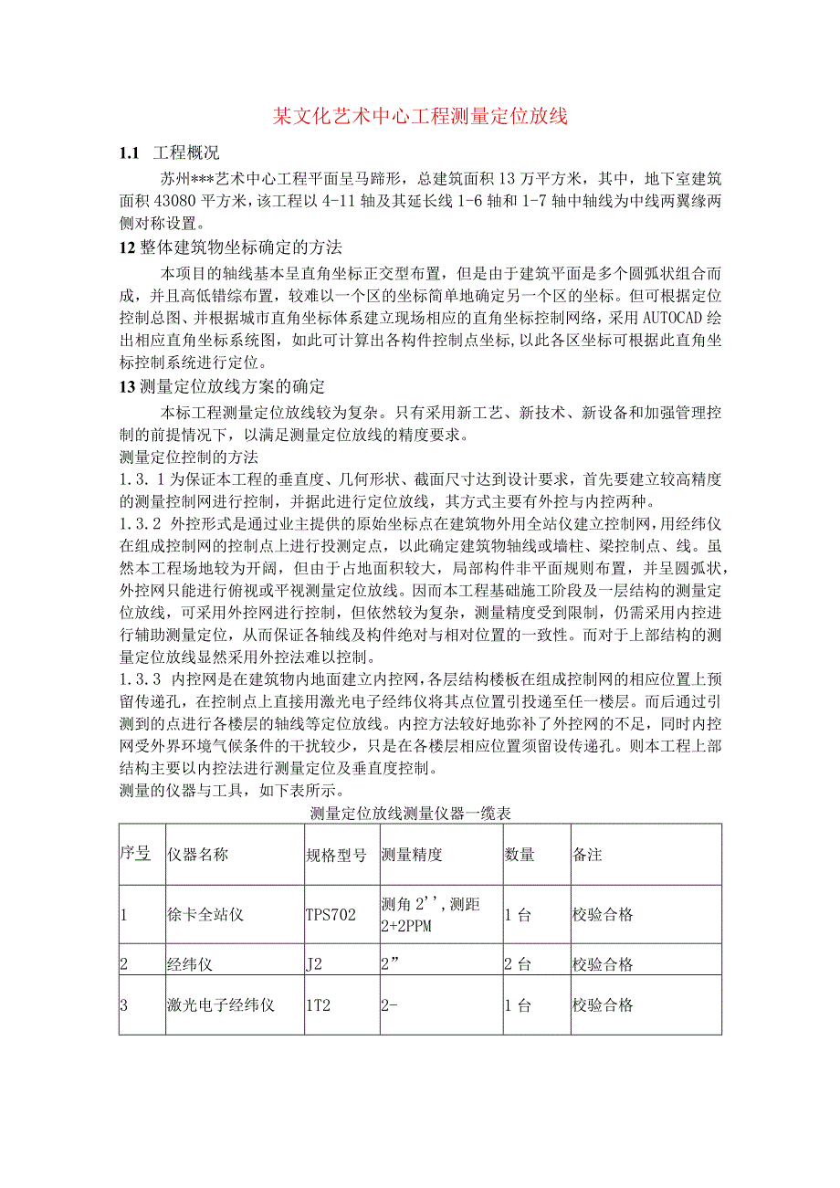 某文化艺术中心工程测量定位放线.docx_第1页