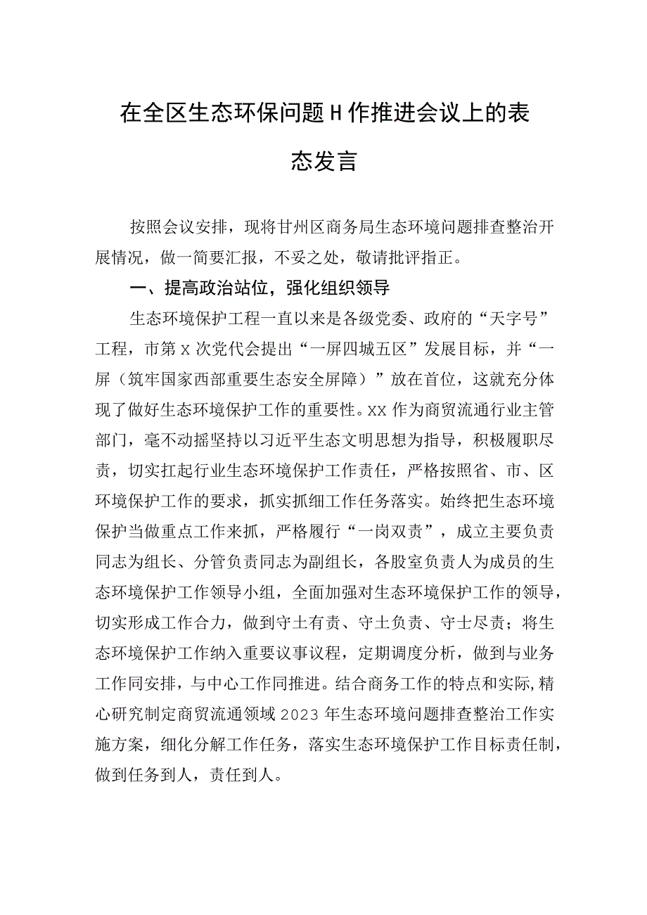 在全区生态环保问题工作推进会议上的表态发言.docx_第1页