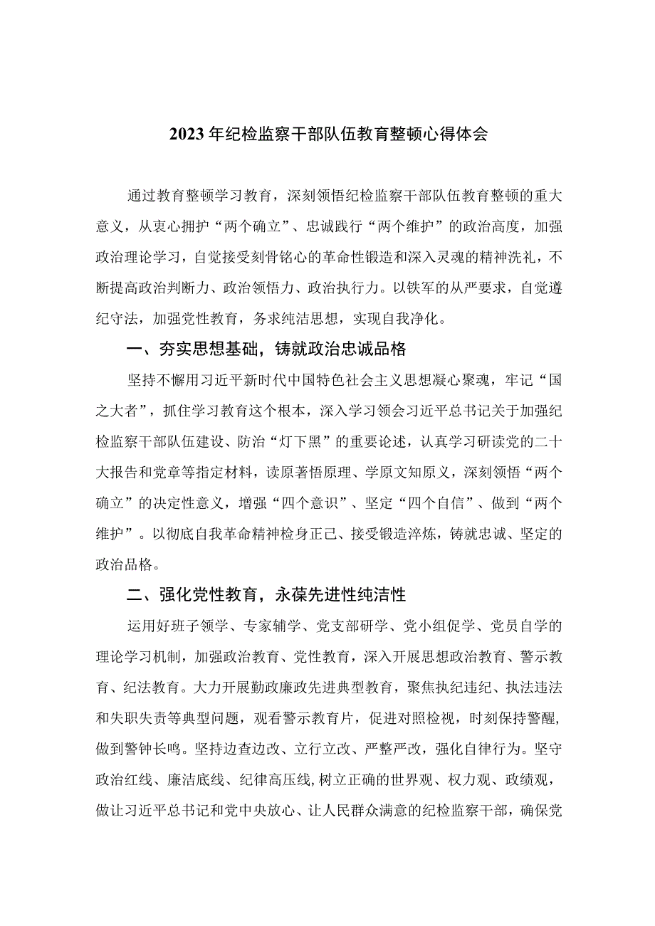 2023年纪检监察干部队伍教育整顿心得体会范文范文精选共10篇_002.docx_第1页