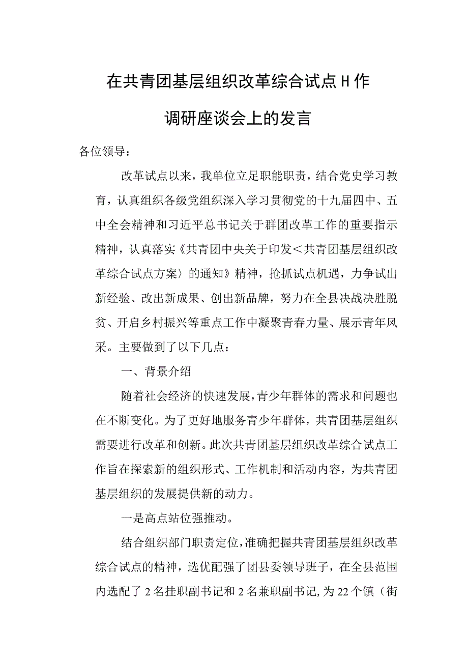 在共青团基层组织改革综合试点工作调研座谈会上的发言.docx_第1页