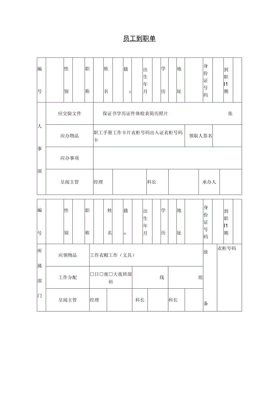 入职管理员工录用报道通知11第十三节 员工到职单.docx_第1页