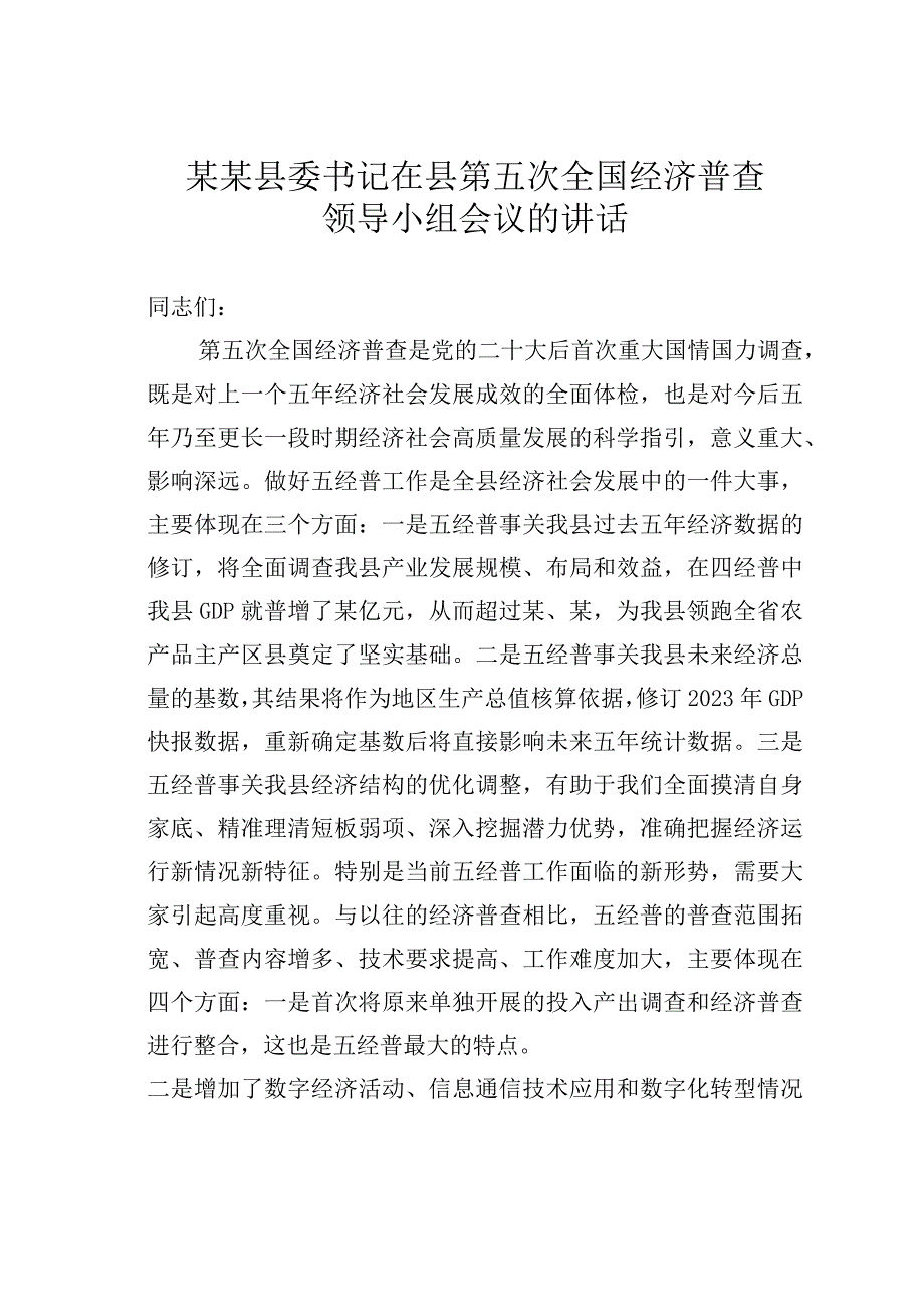 某某县委书记在县第五次全国经济普查领导小组会议的讲话.docx_第1页