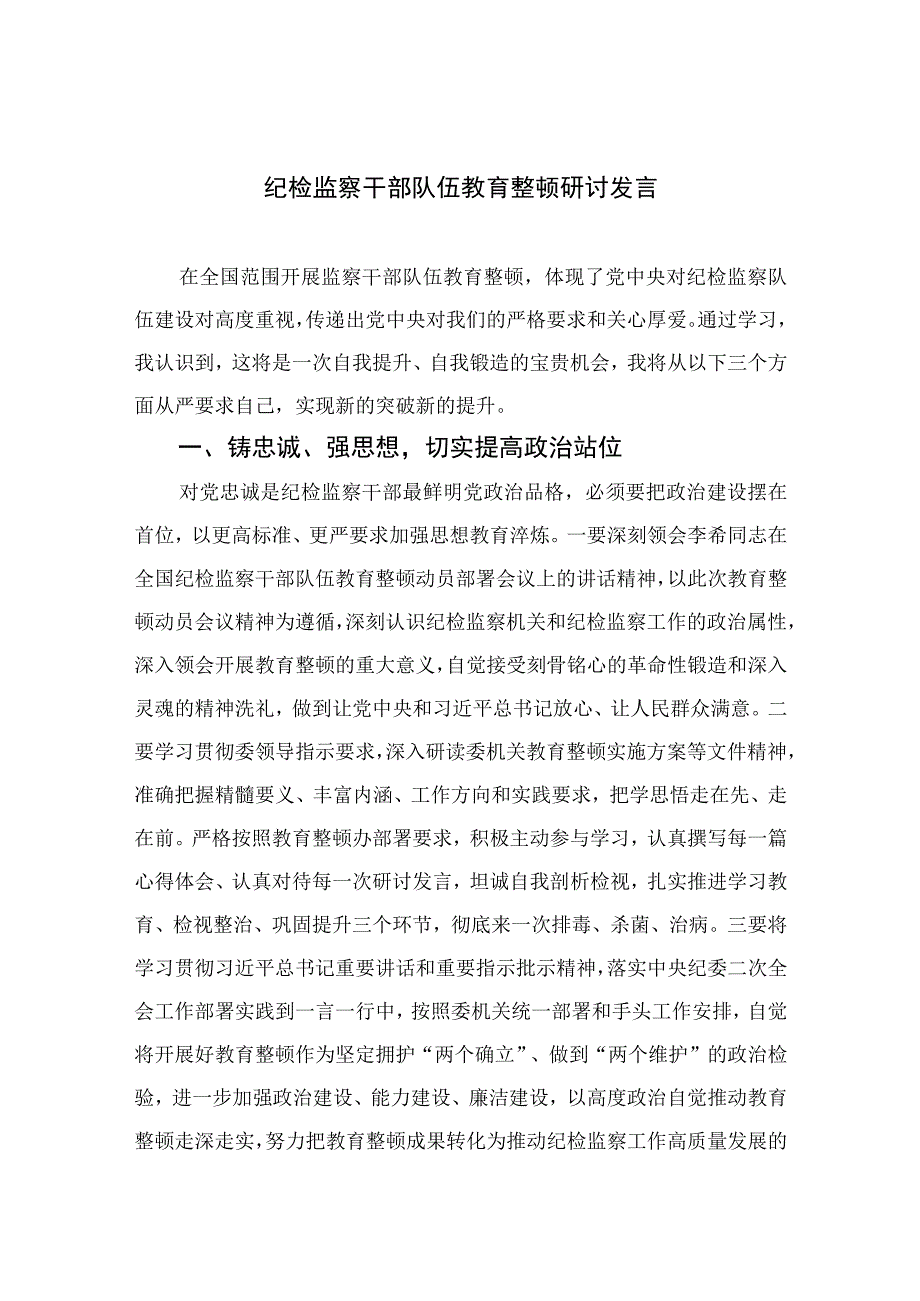 2023纪检监察干部队伍教育整顿研讨发言范文精选三篇_002.docx_第1页