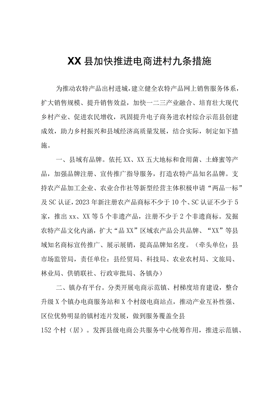 XX县加快推进电商进村九条措施.docx_第1页