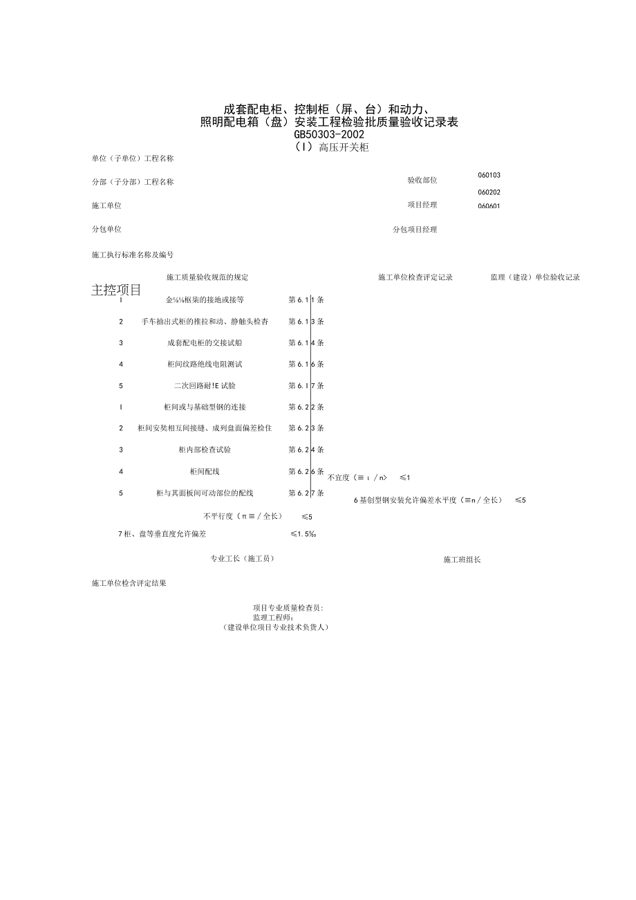 成套配电柜控制柜屏台和动力照明配电箱盘安装工程检验批质量验收记录表.docx_第1页