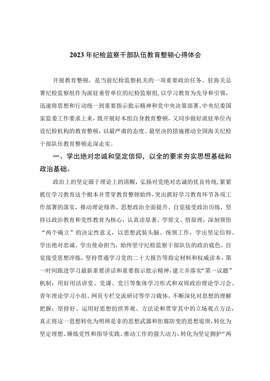 2023年纪检监察干部队伍教育整顿心得体会范文最新精选版范文10篇.docx_第1页