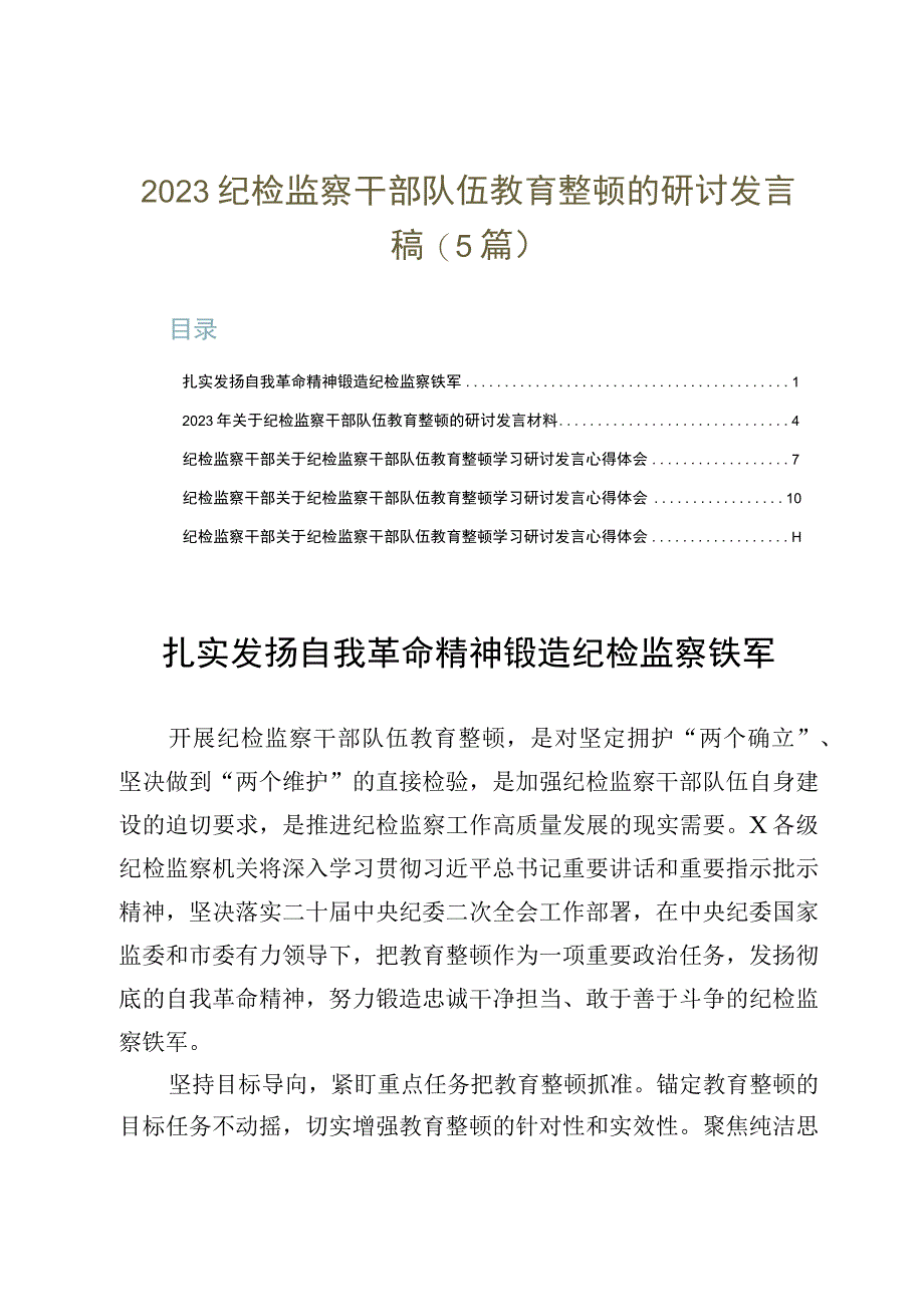 2023纪检监察干部队伍教育整顿的研讨发言稿5篇.docx_第1页