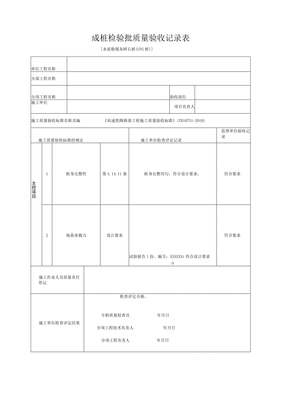 水泥粉煤灰碎石桩CFG桩成桩检验批质量验收记录表.docx_第1页