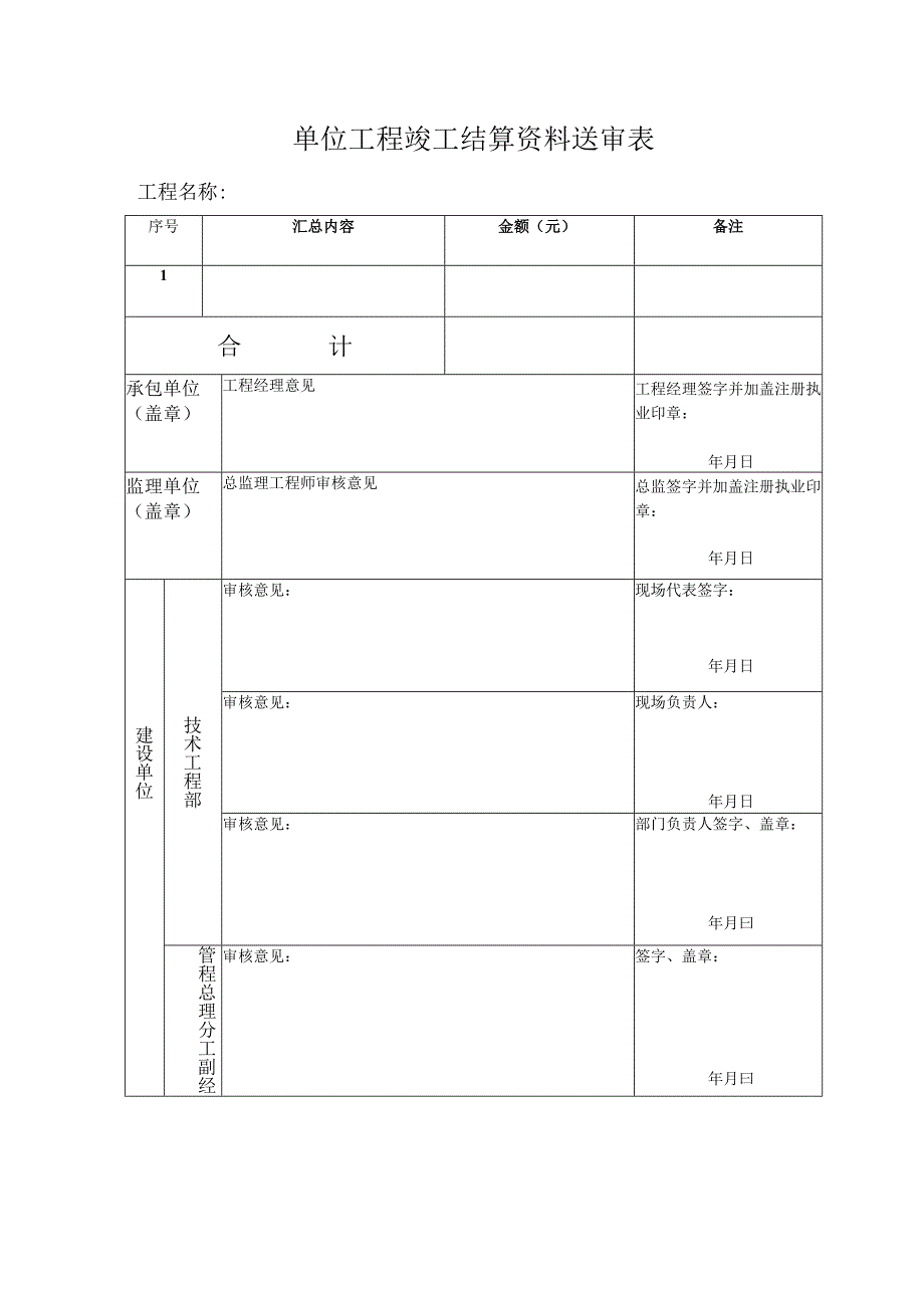 单位工程竣工结算资料送审表2023版.docx_第1页