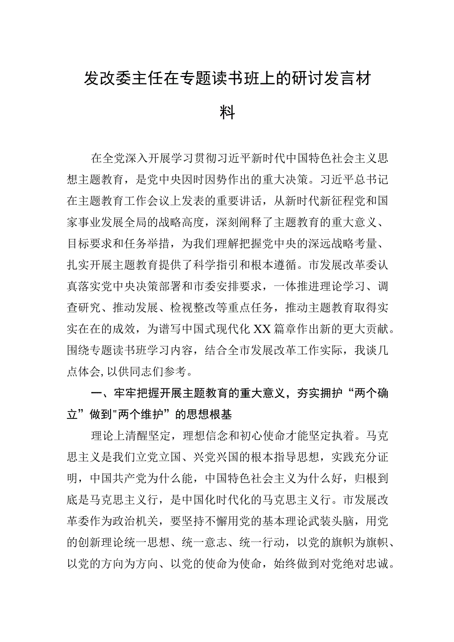 发改委主任在专题读书班上的研讨发言材料.docx_第1页