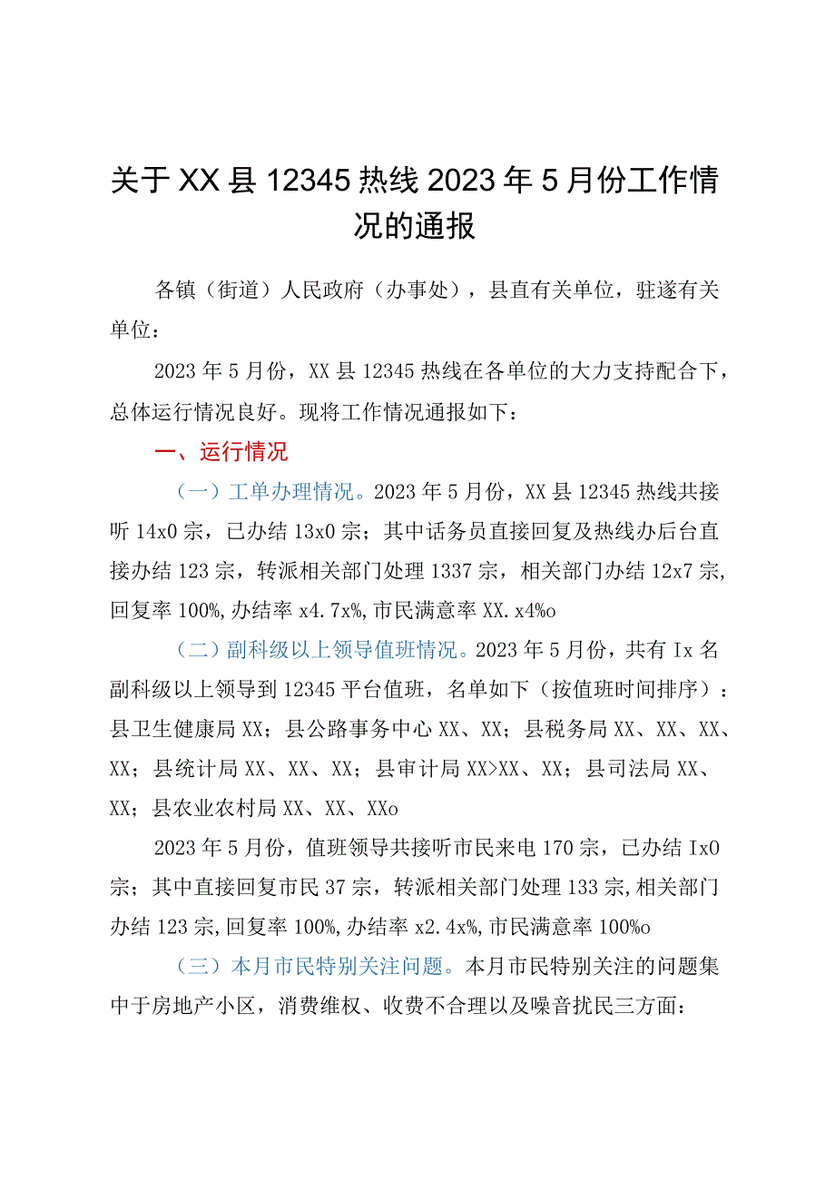 关于XX县12345热线2023年5月份工作情况的通报.docx_第1页