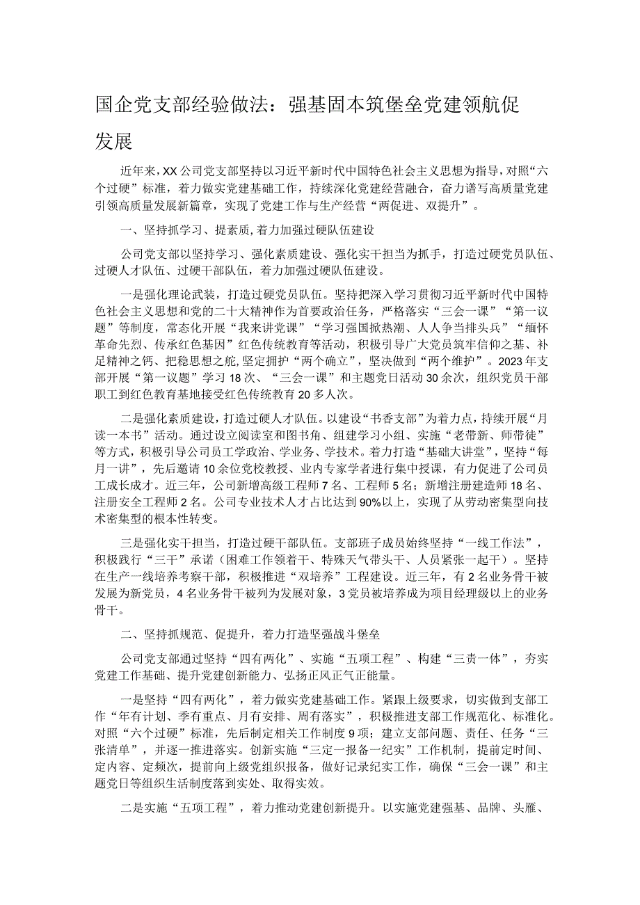 国企党支部经验做法：强基固本筑堡垒 党建领航促发展.docx_第1页