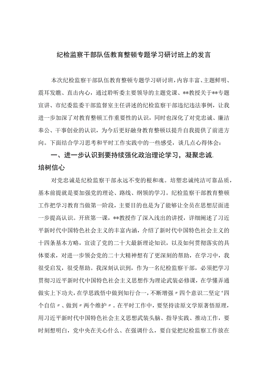 2023纪检监察干部队伍教育整顿专题学习研讨班上的发言范文精选三篇.docx_第1页