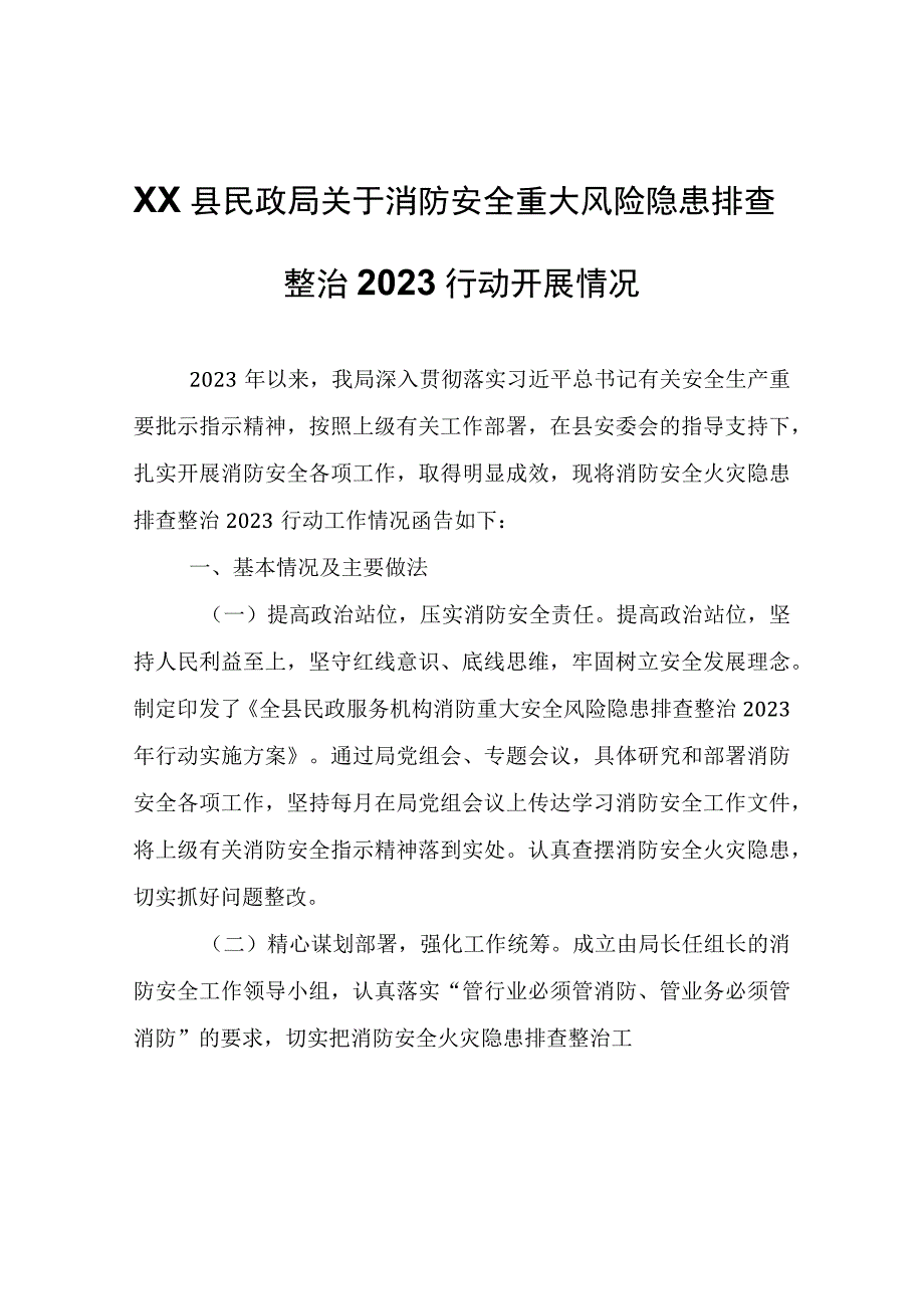 XX县民政局消防安全重大风险隐患排查整治2023行动开展情况.docx_第1页