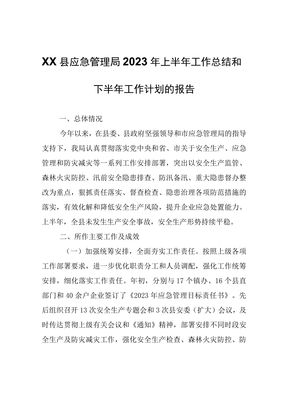 XX县应急管理局2023年上半年工作总结和下半年工作计划的报告.docx_第1页