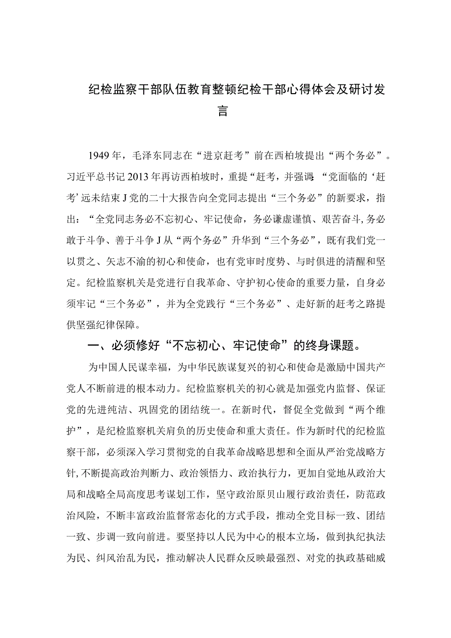 2023纪检监察干部队伍教育整顿纪检干部心得体会及研讨发言范文精选三篇_002.docx_第1页