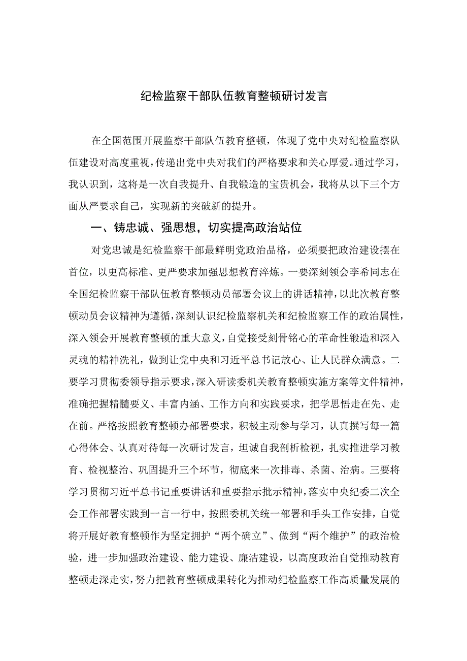 2023纪检监察干部队伍教育整顿研讨发言范文精选三篇_001.docx_第1页