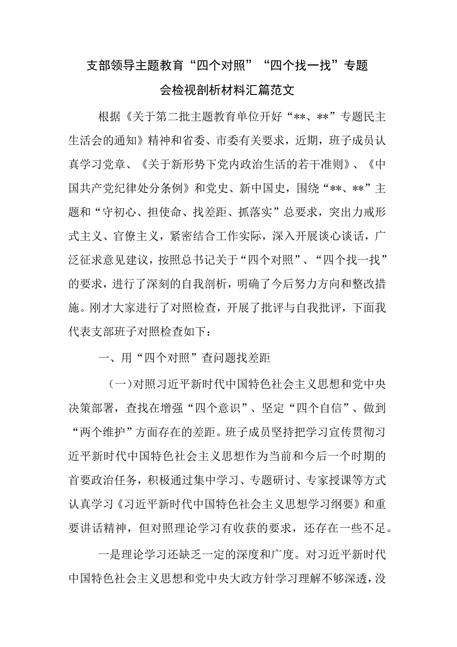 支部领导主题教育四个对照四个找一找专题会检视剖析材料汇篇范文.docx_第1页