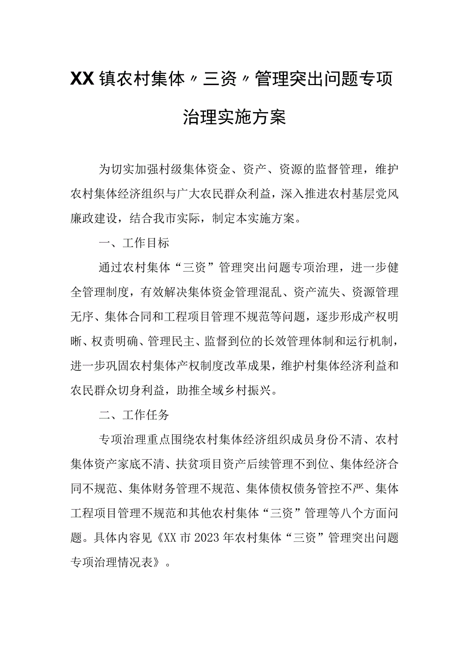 XX镇农村集体三资管理突出问题专项治理实施方案.docx_第1页