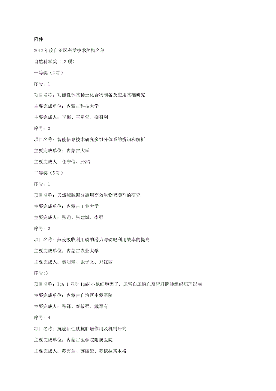 内蒙古自治区人民政府关于2012年度自治区科学技术奖励的决定内政发2013118号.docx_第2页