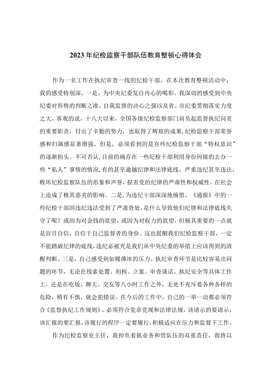 2023年纪检监察干部队伍教育整顿心得体会范文精选共10篇_002.docx_第1页