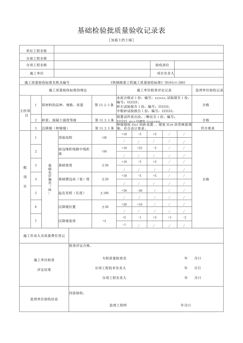 加筋土挡土墙基础检验批质量验收记录表.docx_第1页