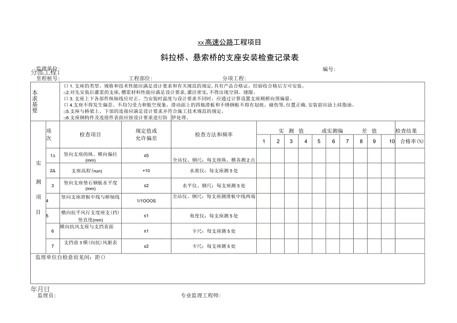 斜拉桥悬索桥的支座安装检查记录表.docx_第1页