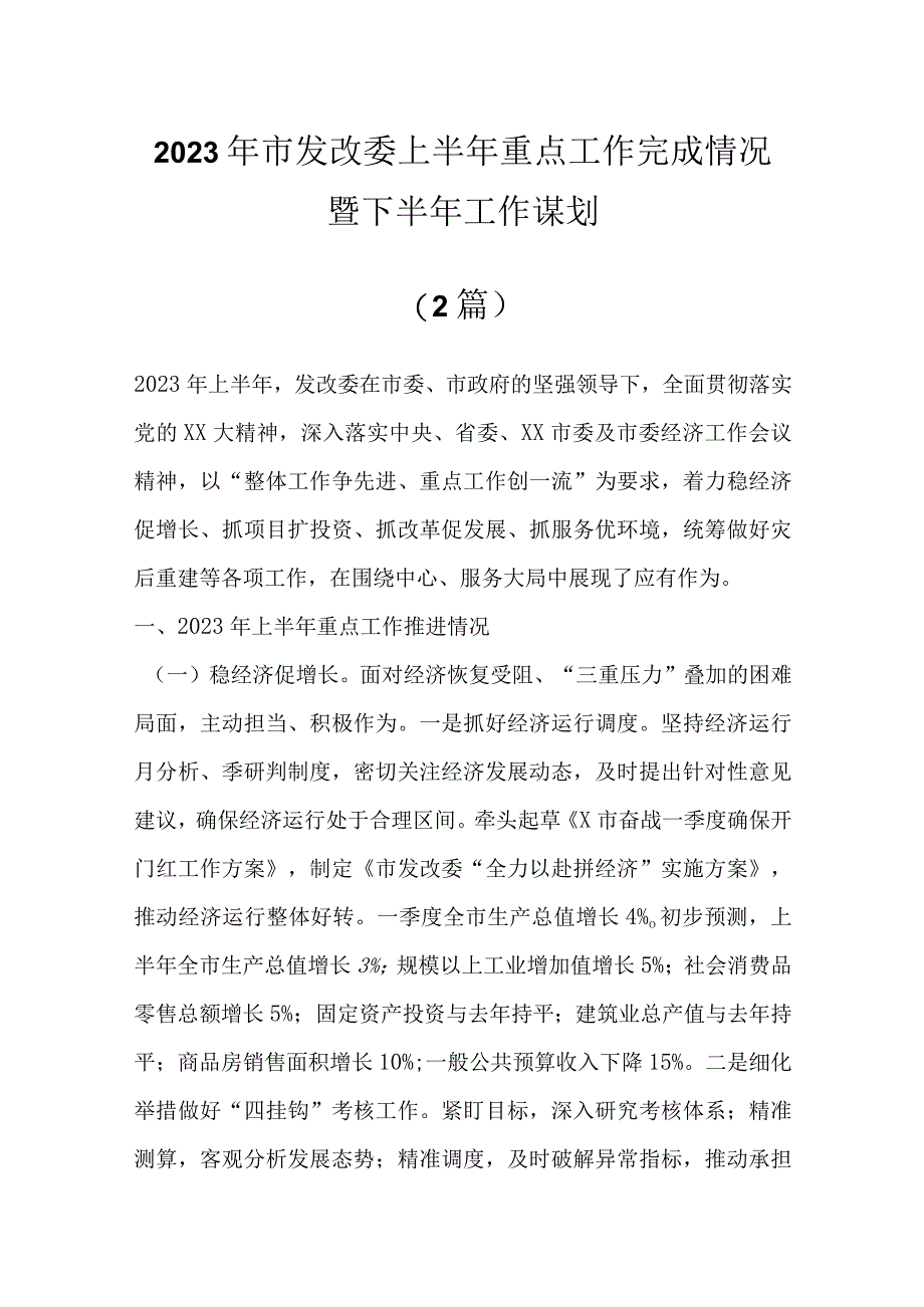 2篇2023年市发改委上半年重点工作完成情况暨下半年工作谋划.docx_第1页