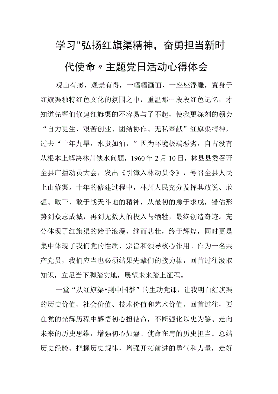 学习弘扬红旗渠精神奋勇担当新时代使命主题党日活动心得体会.docx_第1页