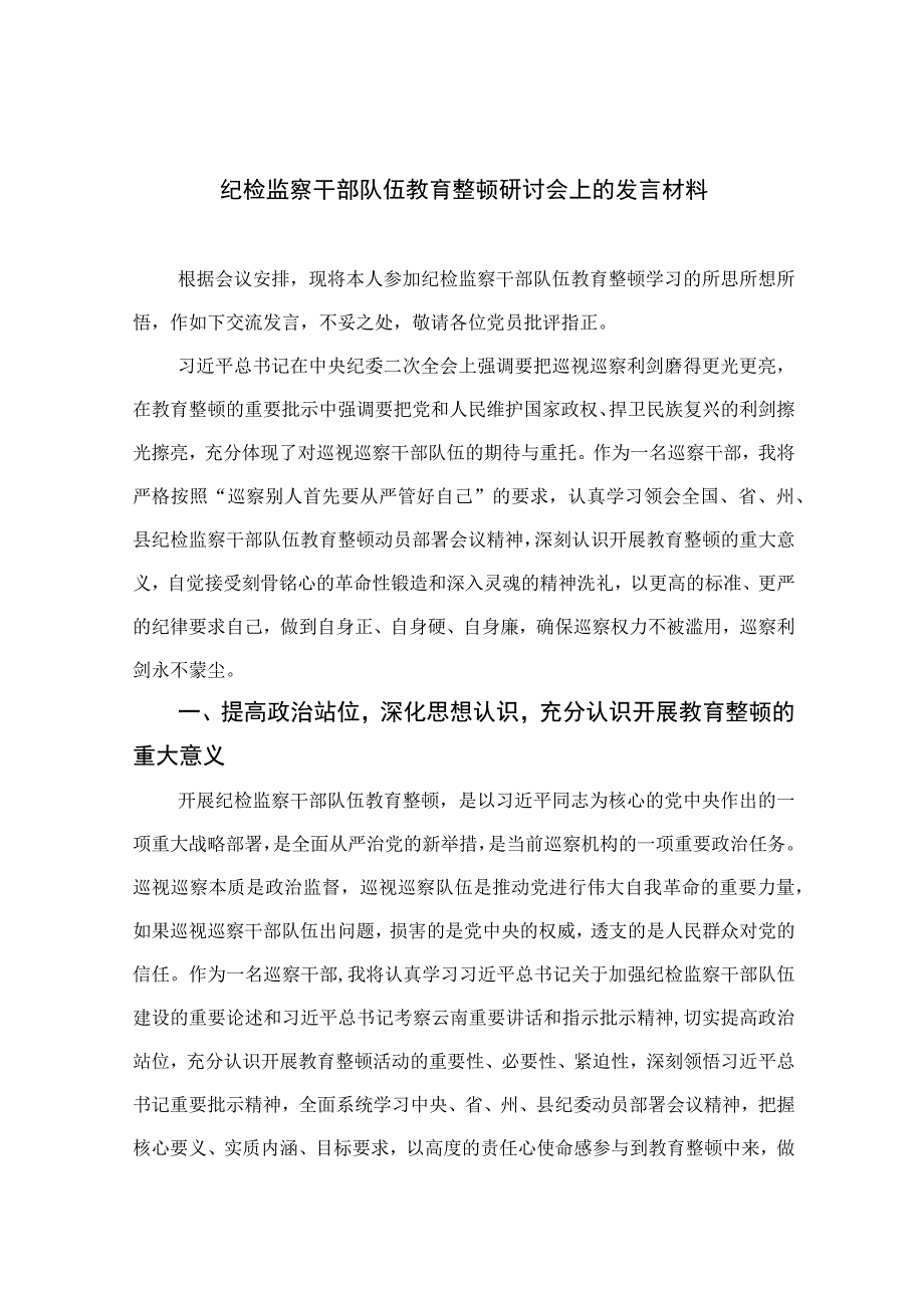 2023纪检监察干部队伍教育整顿研讨会上的发言材料范文精选3篇.docx_第1页