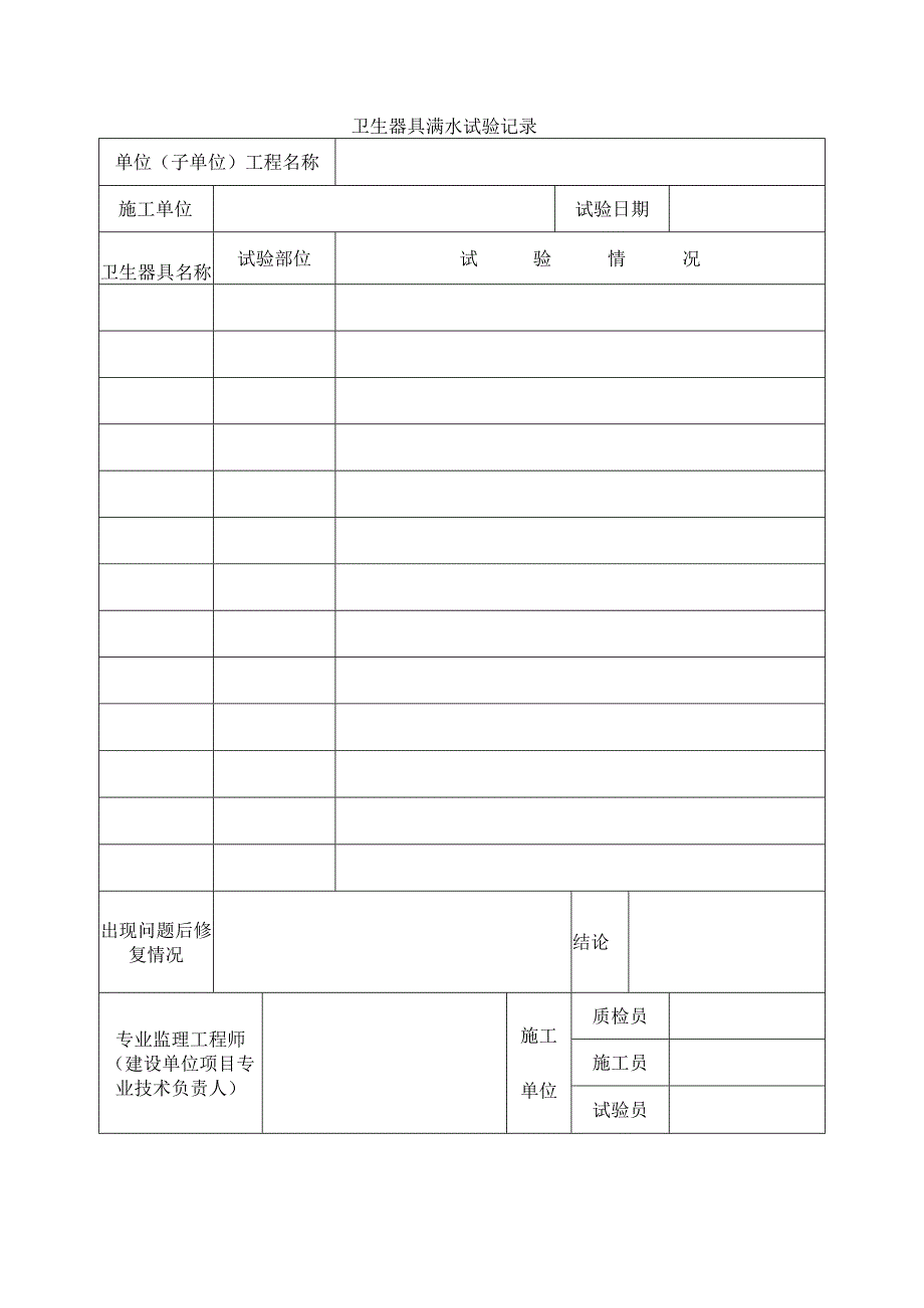 建筑工程卫生器具满水试验记录示范文本.docx_第1页