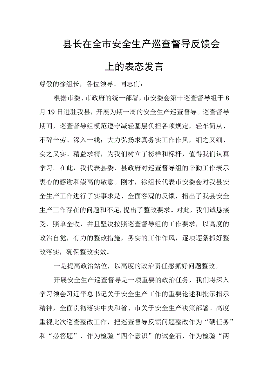 县长在全市安全生产巡查督导反馈会上的表态发言.docx_第1页