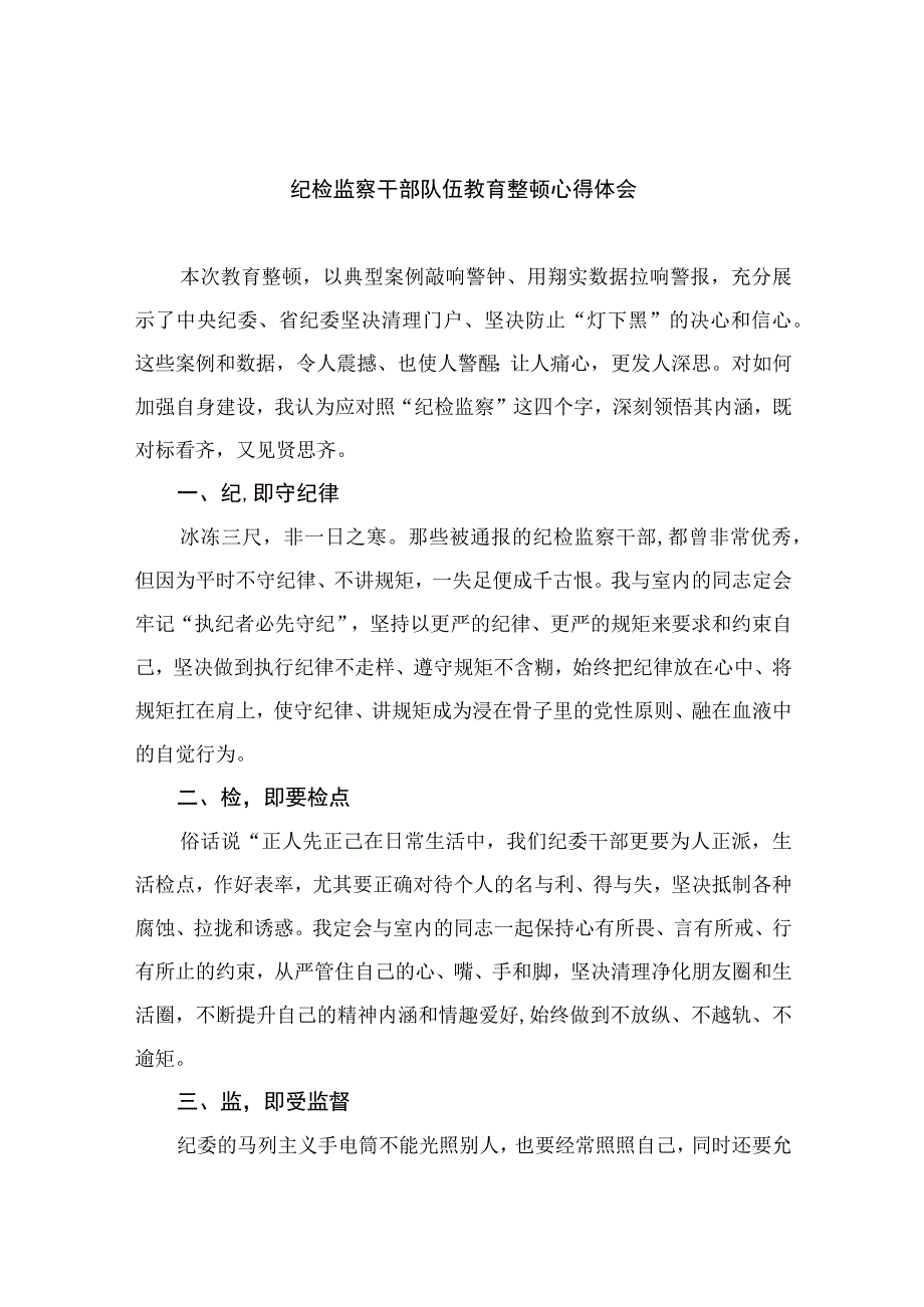 2023纪检监察干部队伍教育整顿心得体会范文精选范文10篇模板.docx_第1页